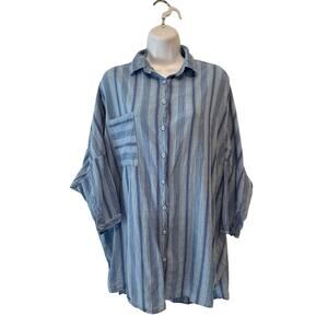 STARK X Girlfriend Button Front Oversized Lagenlook Striped Blue Blouse Size S